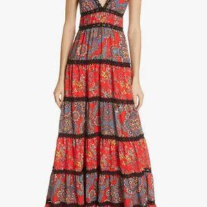 Alice + Olivia Karolina Red Printed Crochet Trim Tiered Maxi Dress Size 8